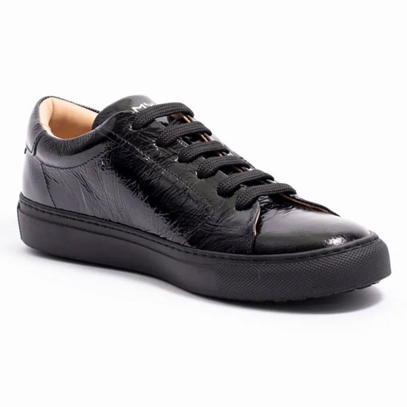 Basket femme MYM en cuir verni noir, orné de perle