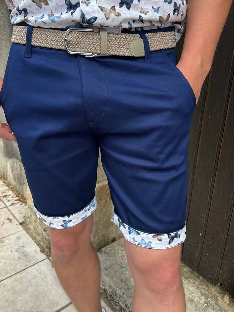 Bermudas uni avec revers fleuri NINO - Prêt à porter homme Cléstyle US 28 à 42 32 Couleur BLEU