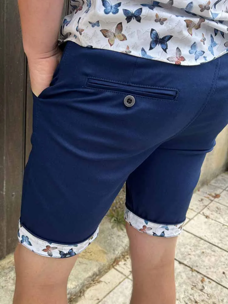 Bermudas uni avec revers fleuri NINO - Prêt à porter homme Cléstyle US 28 à 42 32 Couleur BLEU