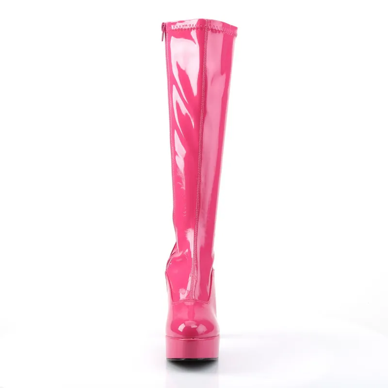 Botte haute moulante femme à talon carré 10 cm et plateforme rose fuchsia