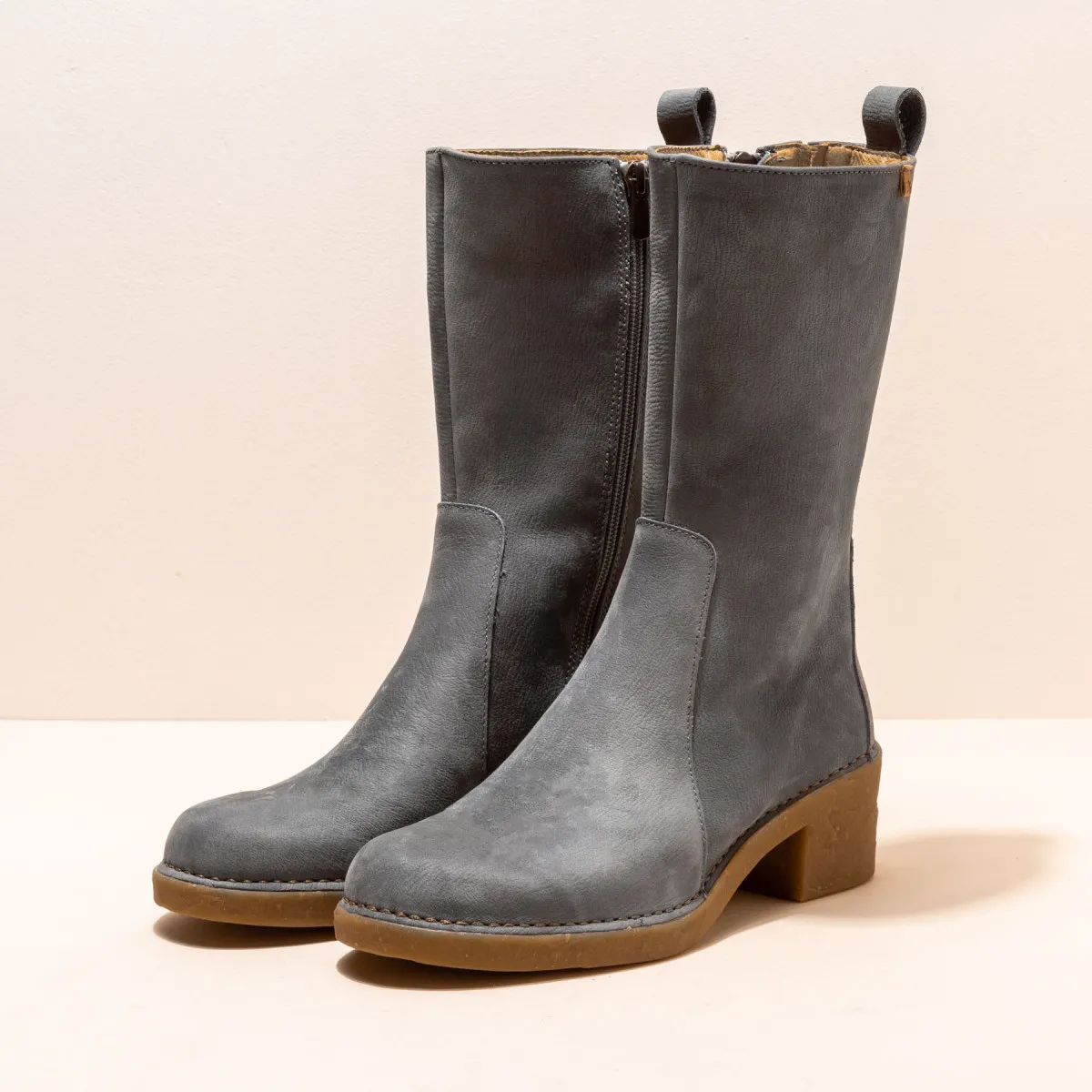 Bottes mi-hautes à talon en cuir doux - Bleu Gris