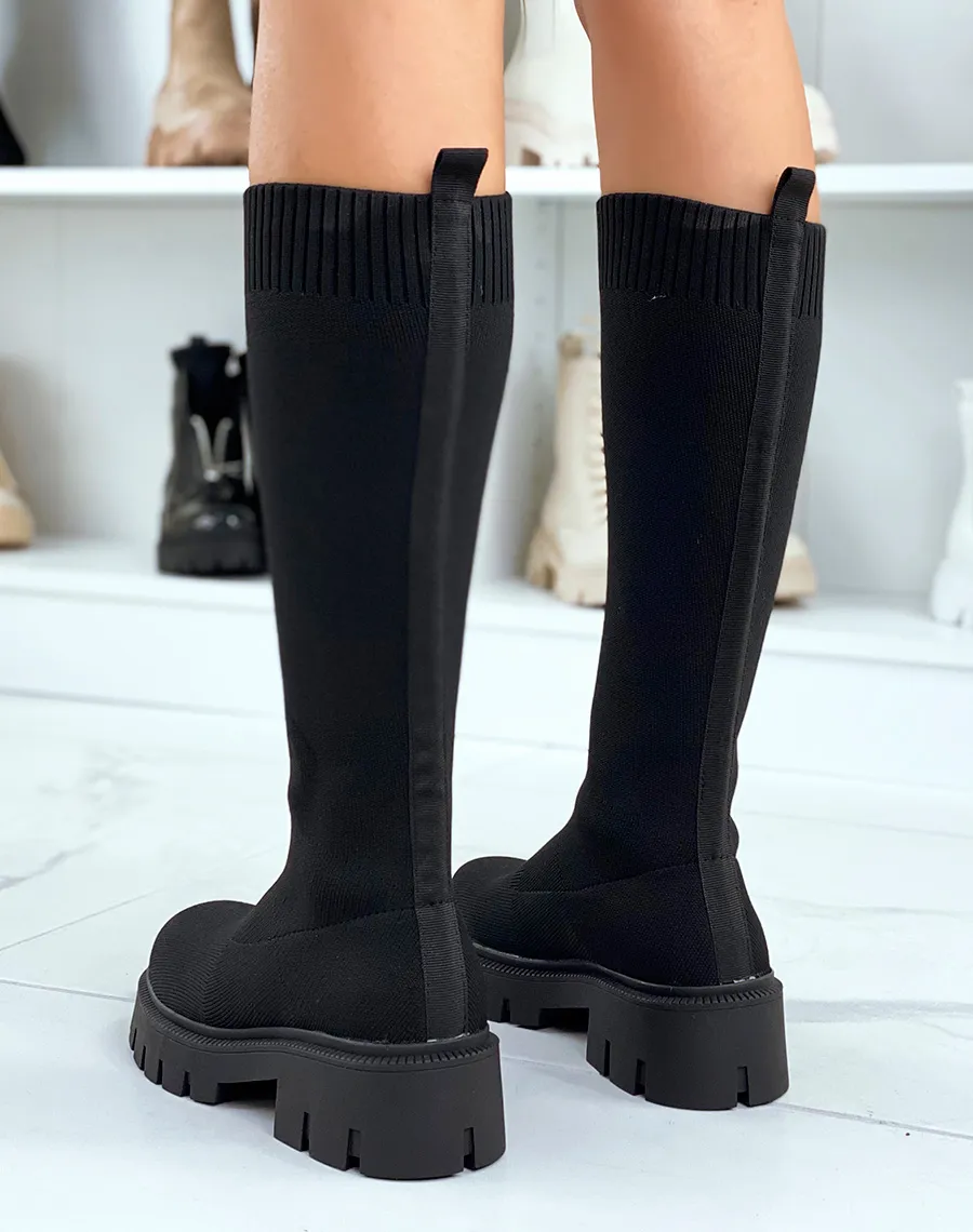 Bottes noires effet chaussette à semelle crantée et talonnée