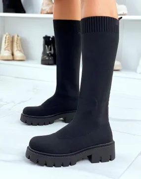 Bottes noires effet chaussette à semelle crantée et talonnée