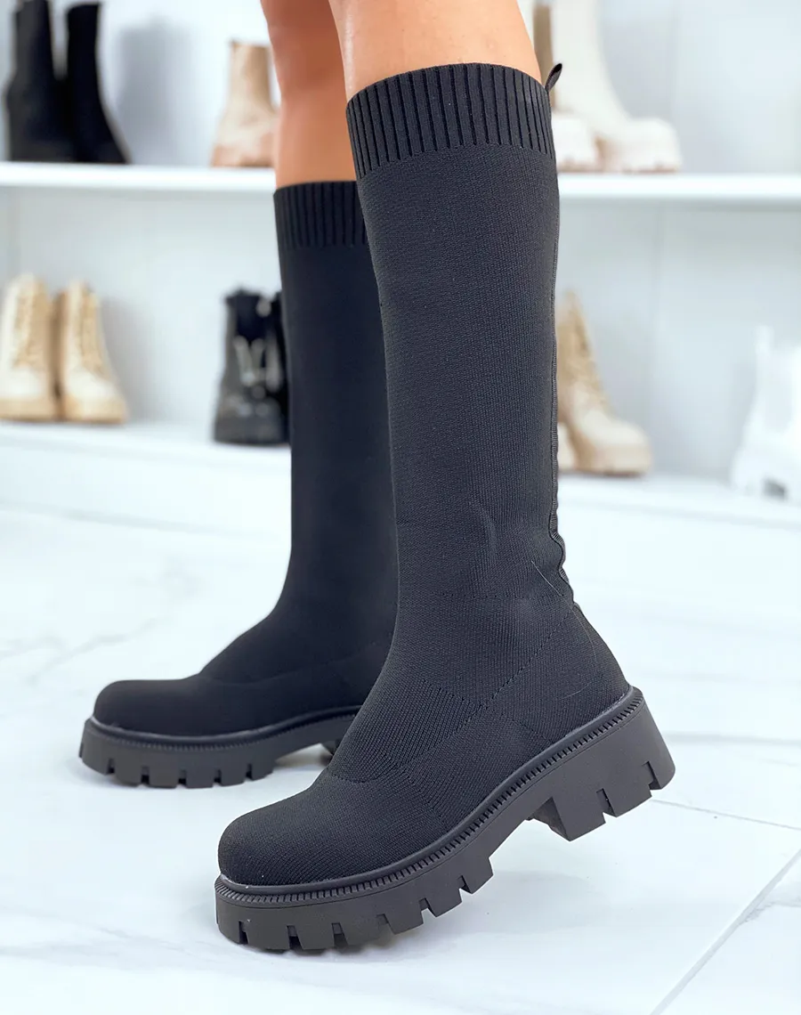 Bottes noires effet chaussette à semelle crantée et talonnée