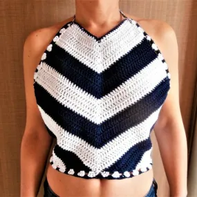 Crop top, bustier, dos-nu, coton blanc rayures diagonales en coton marine, fait main