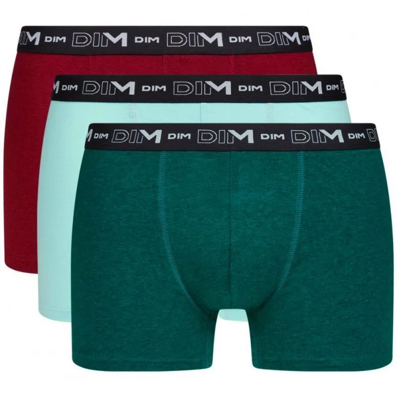 DIM 3 Boxers Homme Coton STRETCH Bleu céramique Vert sarcelle Rouge rubis