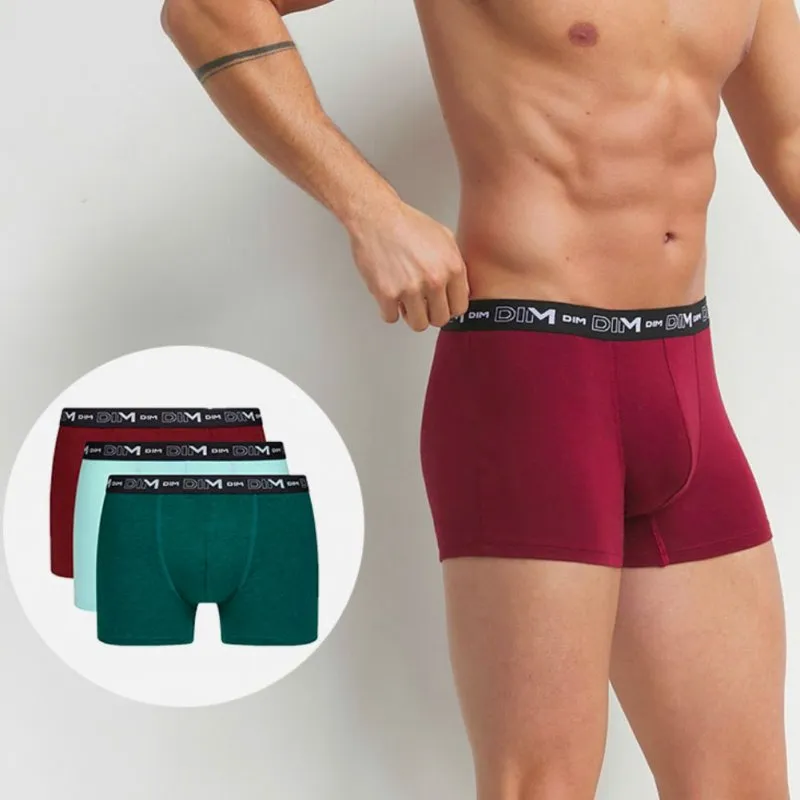 DIM 3 Boxers Homme Coton STRETCH Bleu céramique Vert sarcelle Rouge rubis