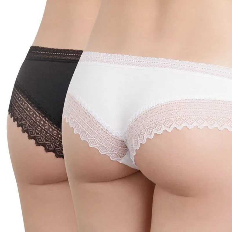 DIM Lot de 2 Shortys Femme Coton Dentelle SEXY FASHION Blanc Noir