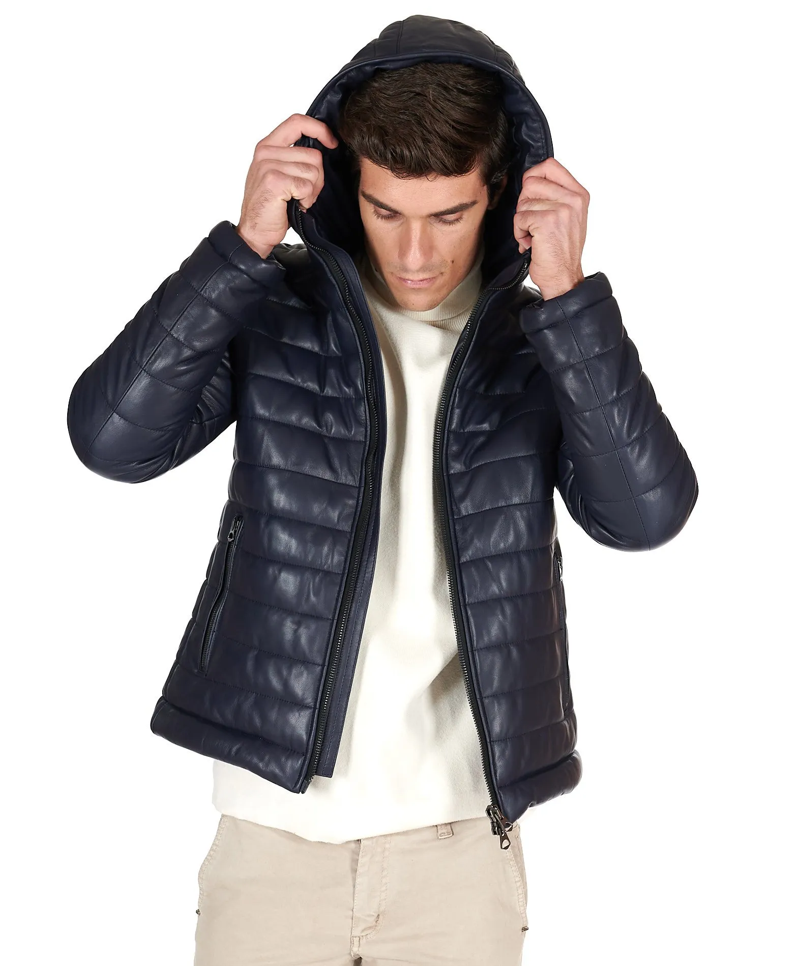 Doudoune cuir homme blouson cuir veste cuir bleu Teo