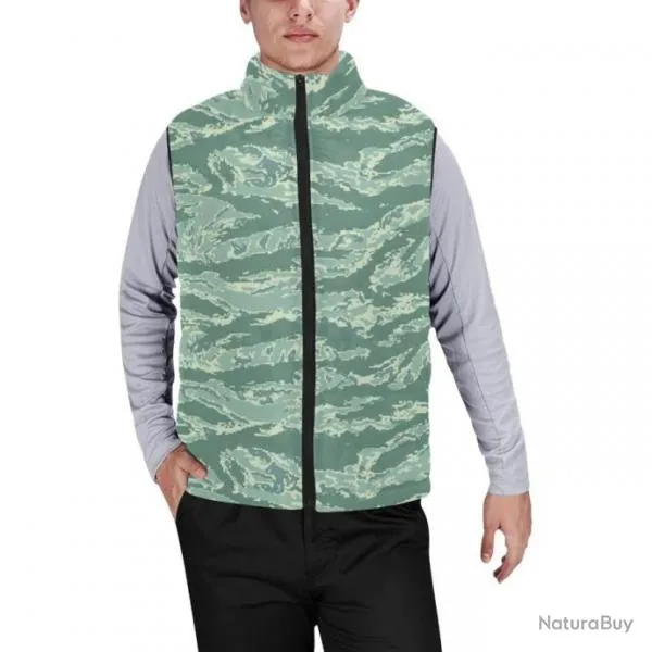 Gilet matelassé doudoune sans manches avec col montant camouflage tiger stripes digital vert celadon