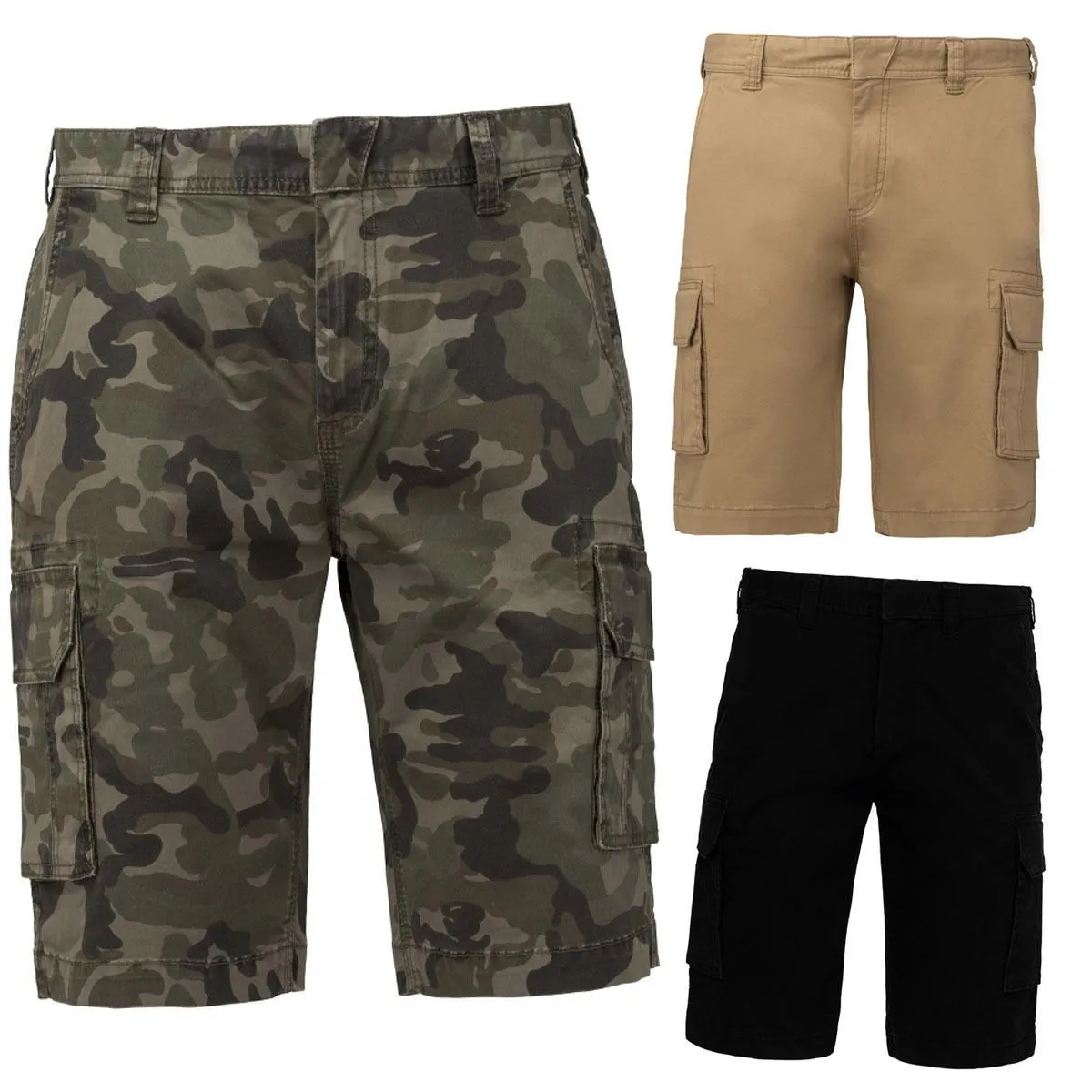 Lot 3 bermudas multipoches homme K754 - beige camel noir et vert army camo 