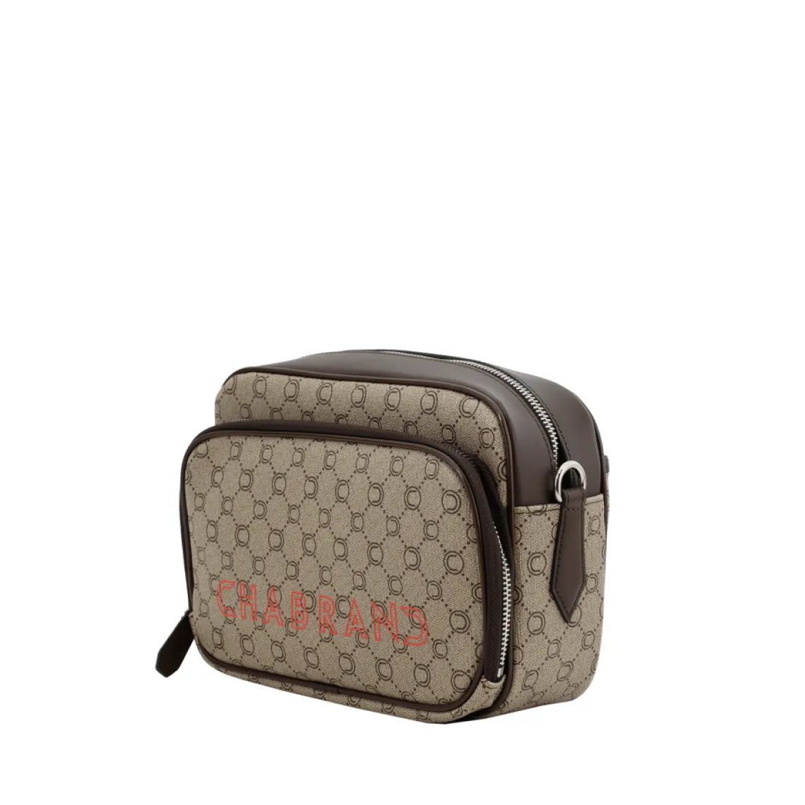 Mini sacoche marron en toile enduite siglée garnie cuir avec logo orange - ICONE Chabrand Maroquinerie - Sac Besace Messe