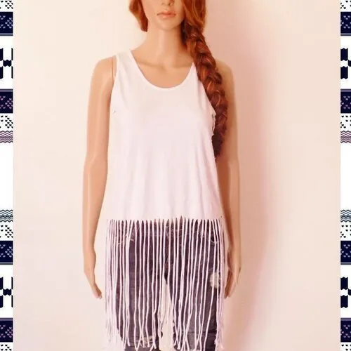 Original top femme !! fringed !! en coton blanc t m long 87cm belicious-delicious-creation