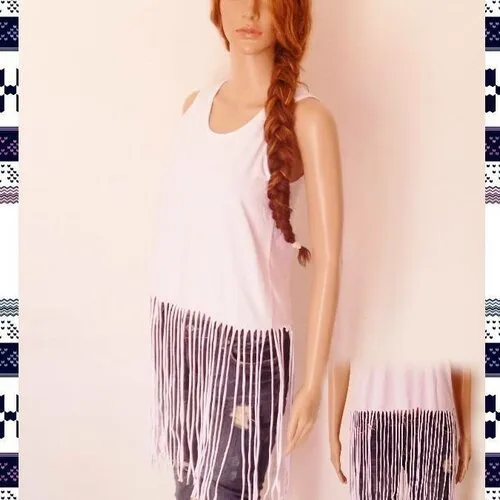 Original top femme !! fringed !! en coton blanc t m long 87cm belicious-delicious-creation