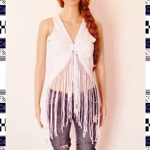 Original top femme !! fringed !! en coton blanc t m long 87cm belicious-delicious-creation