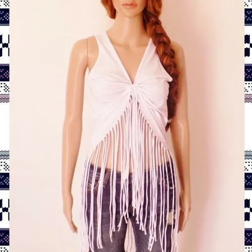 Original top femme !! fringed !! en coton blanc t m long 87cm belicious-delicious-creation