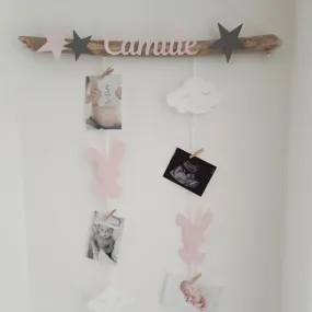 Porte photos cadeau naissance chambre bébé baby shower coffret naissance,  lapin nuage étoiles tons rose et gris