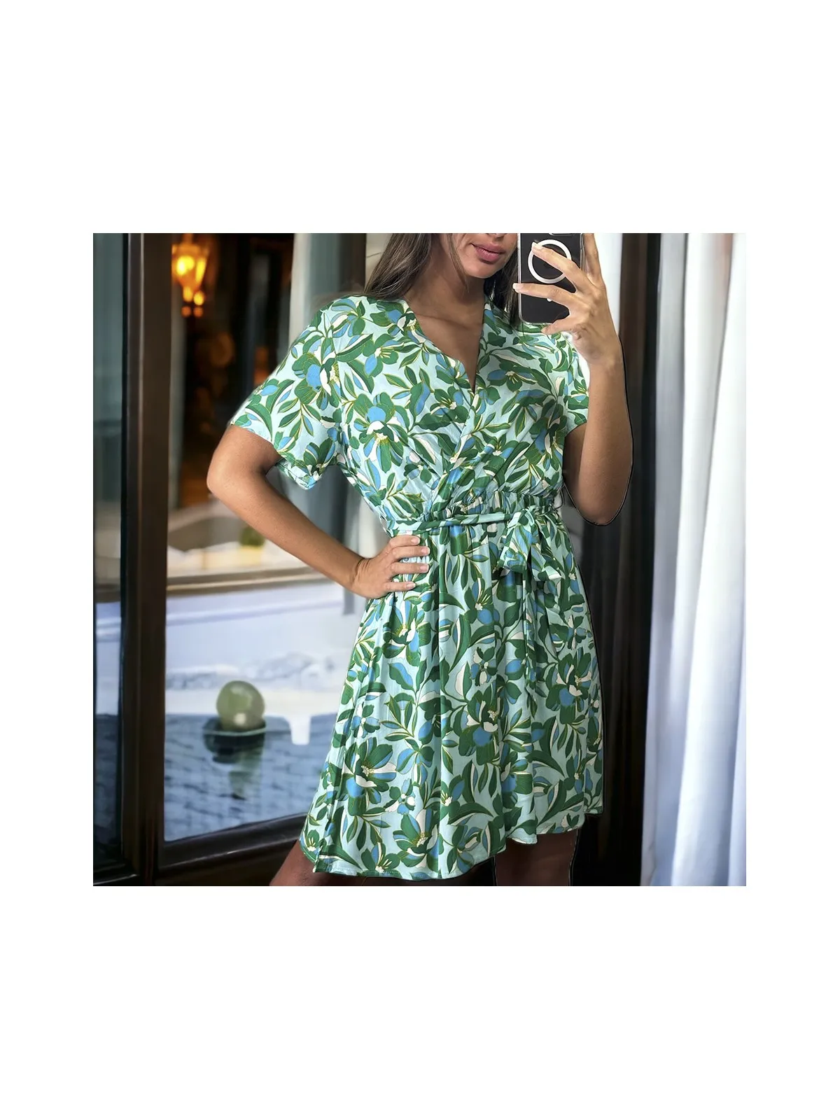 Robe croisé motif fleurie verte