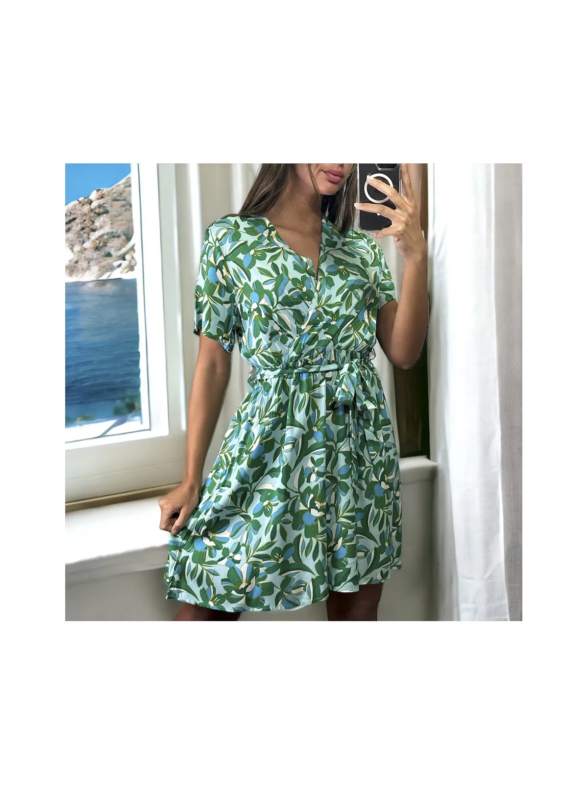 Robe croisé motif fleurie verte