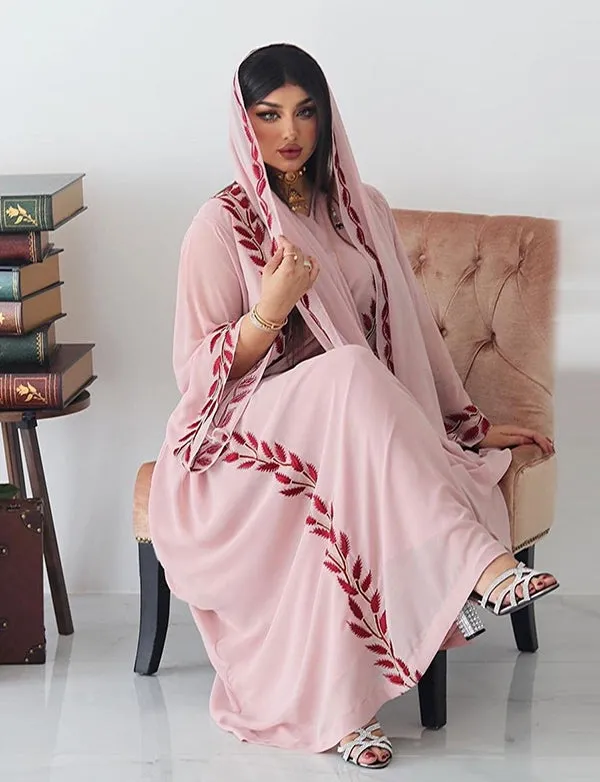 Robe longue musulmane en mousseline brodée rose à col rond