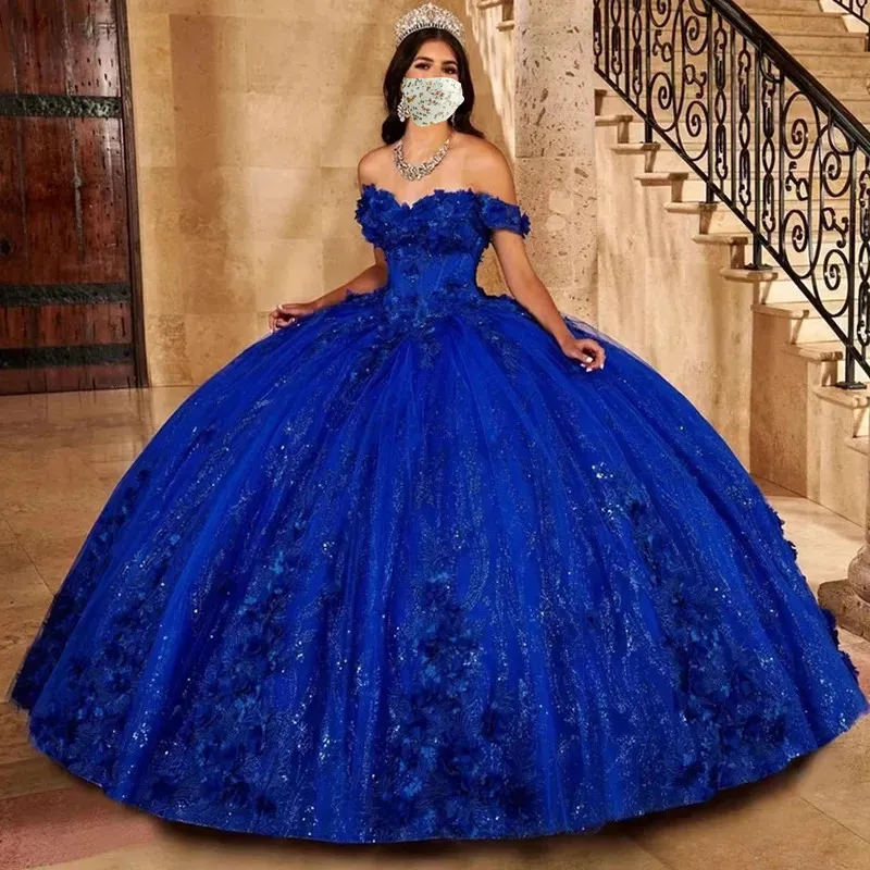 Robe Princesse Bleu Royal Quinceanera, Épaules Dénudées, Perles, Fleurs 3D, Robe De Bal Élégante En Tulle, 2023 Du 159,62 € | DH