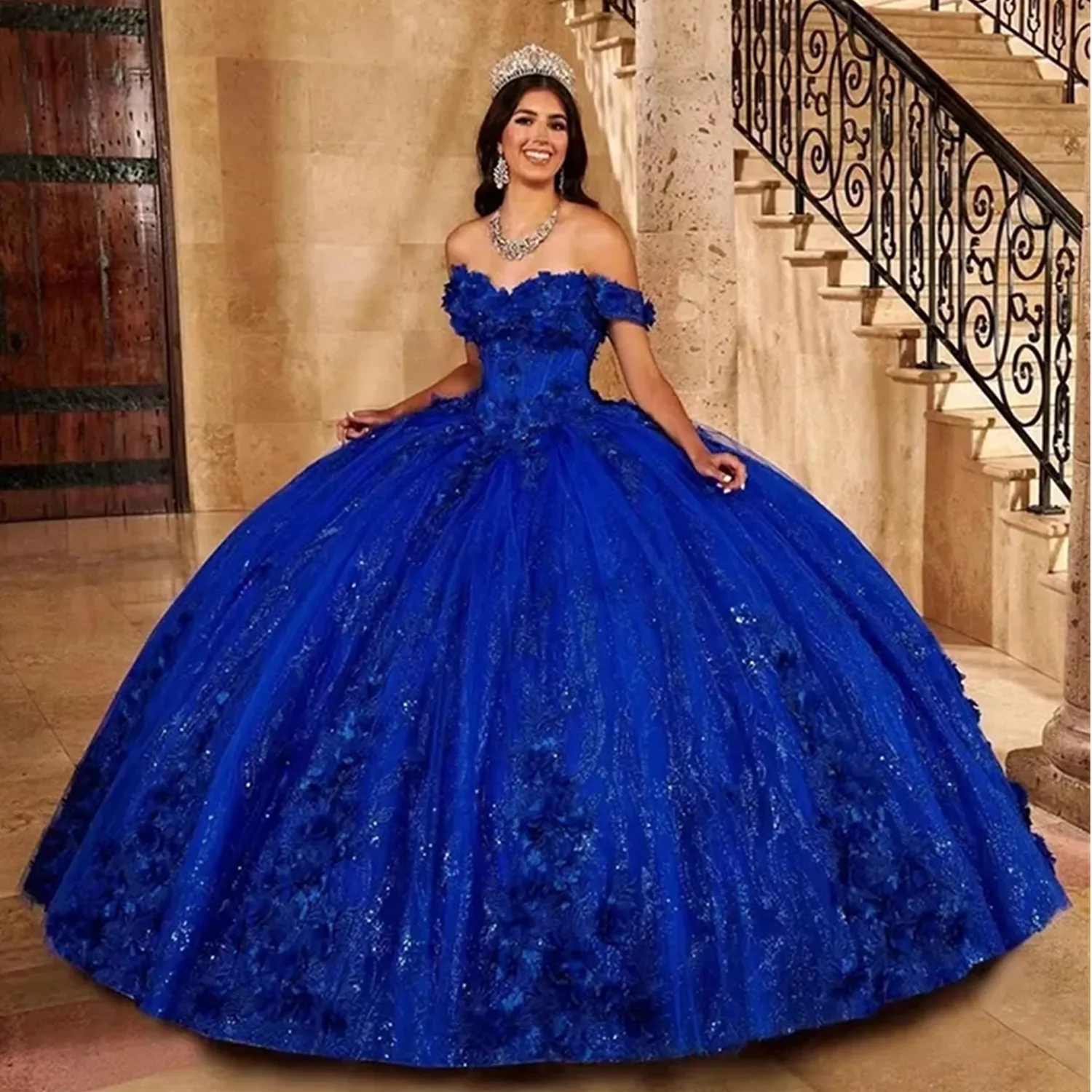 Robe Princesse Bleu Royal Quinceanera, Épaules Dénudées, Perles, Fleurs 3D, Robe De Bal Élégante En Tulle, 2023 Du 159,62 € | DH