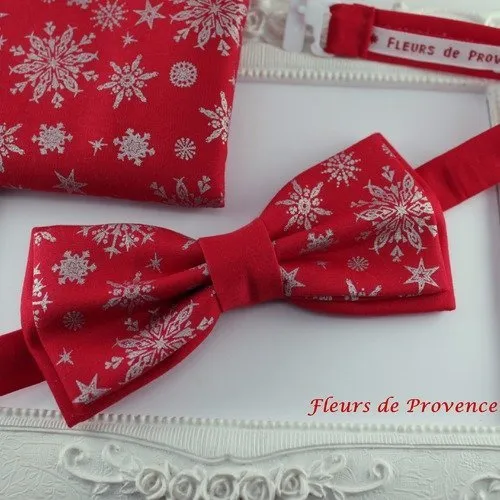 Set noel noeud papillon double et pochette costume assortie rouge et argent- homme